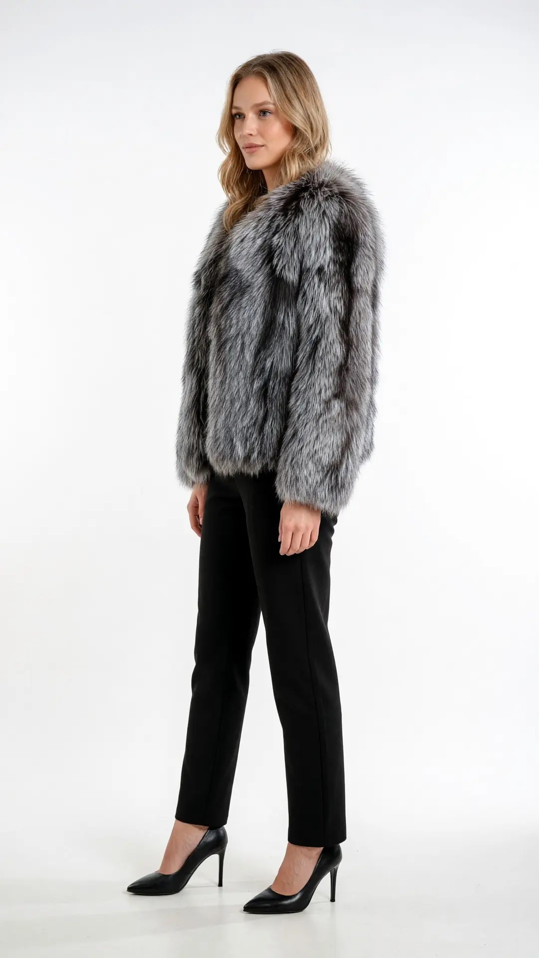 Шуба Луиза из нат мех лиса А20-LS65-СЧFox (серебристо-черный 44)