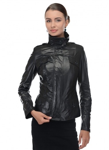 Модная черная глянцевая кожная куртка Каляев 2017
