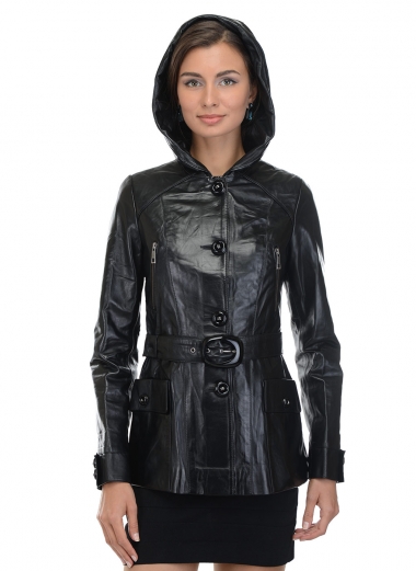 Черная женская кожанная куртка с капюшоном - новый тренд